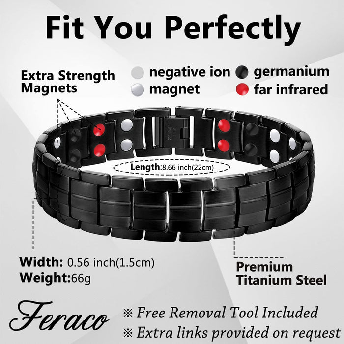 Feraco Mens Magnetic Bracelet Titanium Steel Magnetic Bracelet with Double Row 4 Elements Magnets (Black with Ring)