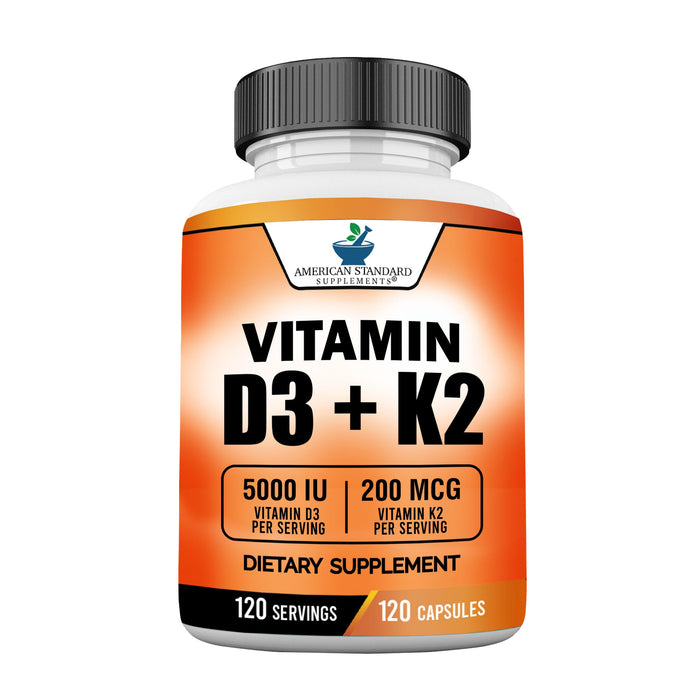 American Standard Supplements Vitamin D3 5000 IU (125mcg) Plus Vitamin K2 (MK7) 200mcg Per Capsule - Gluten Free, Non-GMO, 120 Capsules, 120 Servings, 120 Day Supply