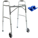 Foldable Lightweight Two Button Walker with 5” Wheels, Includes Ski Glides - Folding Design Ideal for Seniors and Elderly Adults - Adjustable for Tall Men and Women - Standing Handicap Mobility Aids