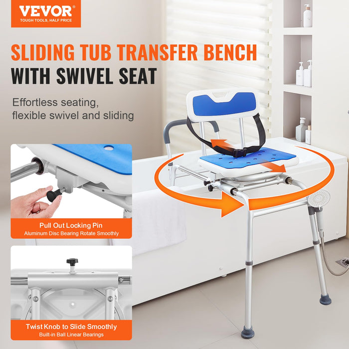 VEVOR Sliding Tub Transfer Bench with 360 Degree Swivel Seat, Height Adjustable Bathtub Transfer Bench with Armrest & Safety Belt, Non-Slip Rotating Shower Chair for Elderly Disabled, 400LBS Capacity