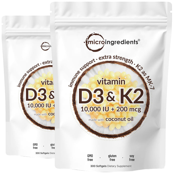 2 Pack Vitamin D3 10000 iu Plus K2 (MK-7) 200 mcg, 300 Virgin Coconut Oil Softgels | 2 in 1 Vitamins D & K Complex | Supports Calcium Absorption, Bone, Immune, & Heart Health – Easy to Swallow