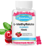 Zetelixia L-Methylfolate 15mg Gummies, Folate & Vitamin B12 Supplement for Adult, Active Folic Acid Supplement for Brain & Mood Support, Non-GMO, Vegan, Gluten-Free, Cranberry Flavor, 60 Count