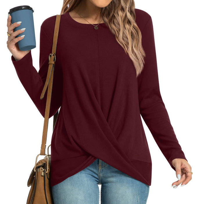 HOTGIFT Womens Christmas Tunics Top Long Sleeve Casual Shirts Front Twist Loose Blouse Burgundy Large