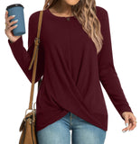 HOTGIFT Womens Christmas Tunics Top Long Sleeve Casual Shirts Front Twist Loose Blouse Burgundy Large