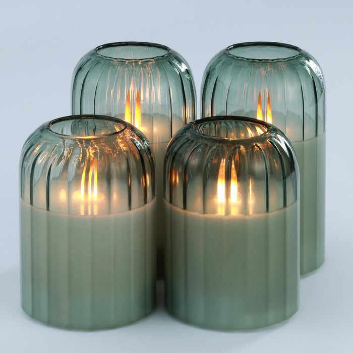 Lezonic Green Glass Flameless Candles with Remote, Set of 4 Dancing Flame LED Pillar Candles, Real Wax Battery Operated Candles with 2/4/6/8H Timer, Fall Halloween Thanksgiving Christmas Decor