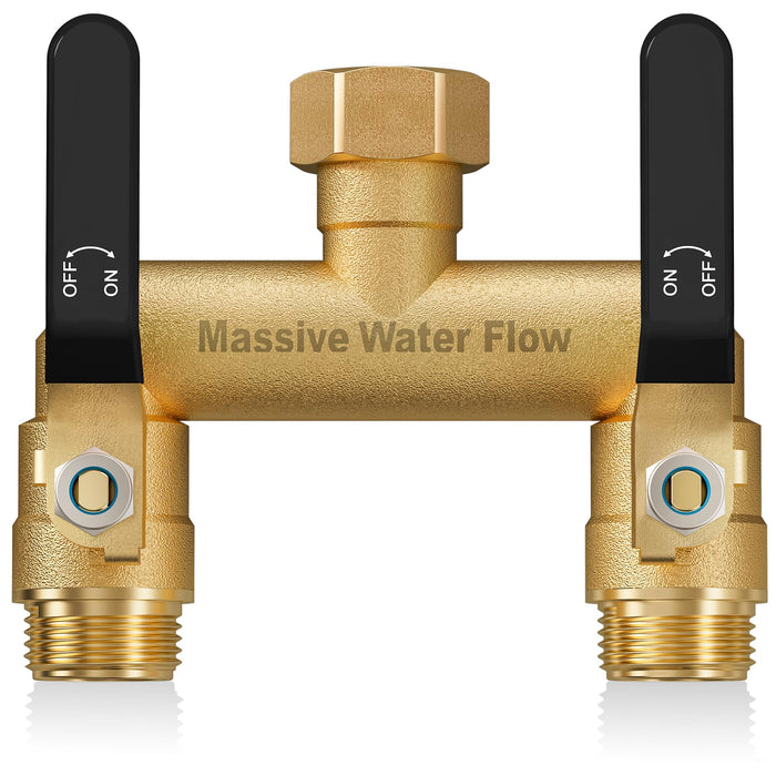 Hose Splitter 2 Way Heavy Duty, Full Flow Garden Hose Splitter with 2 Long Metal Handles, Brass Rust and Freeze Resistant Water Hose Bib Splitter, T Adapter Connector with 3/4 - Inch GHT Thread（Black）