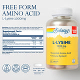 SOLARAY L-Lysine, Free-Form 1000 mg, Essential Amino Acid Immune Support Supplement with Vitamin C 1,000 mg and Zinc 25 mg, Value Size, Lab Verified, 60-Day Guarantee, 60 Servings, 180 Tablets