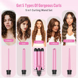 Waver Curling Iron Curling Wand - BESTOPE PRO 5 in 1 Curling Wand Set with 3 Barrel Hair Crimper for Women, Fast Heating Crimper Wand Curler in All Hair Type-Pink