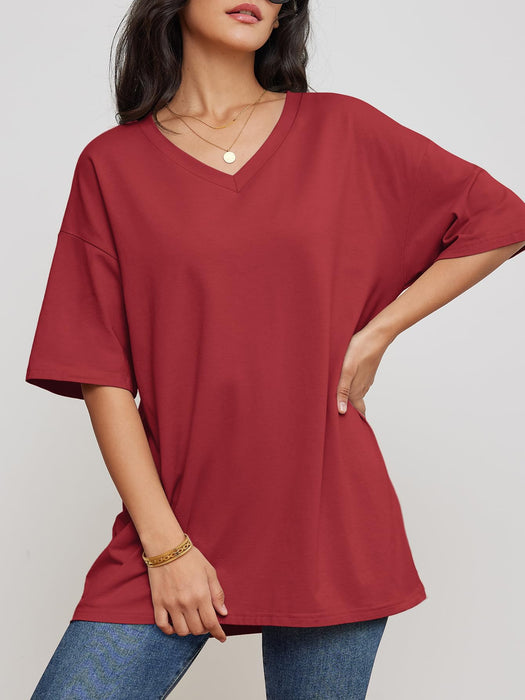 ATHMILE Christmas T Shirts for Women Oversized V Neck Tees Half Sleeve Cozy Comfy Tunic 2024 Y2K Casual Red