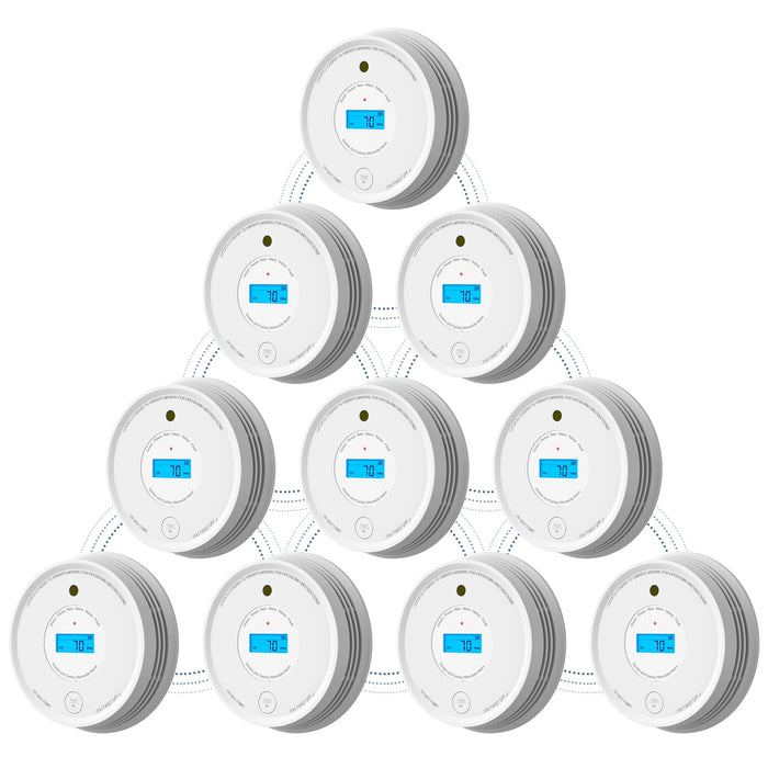 AEGISLINK Smoke Carbon Monoxide Detector, Interlinked Combination Smoke CO Alarm, Battery Powered, Wireless Interconnected, Digital Display, SC-RF220, 10-Pack