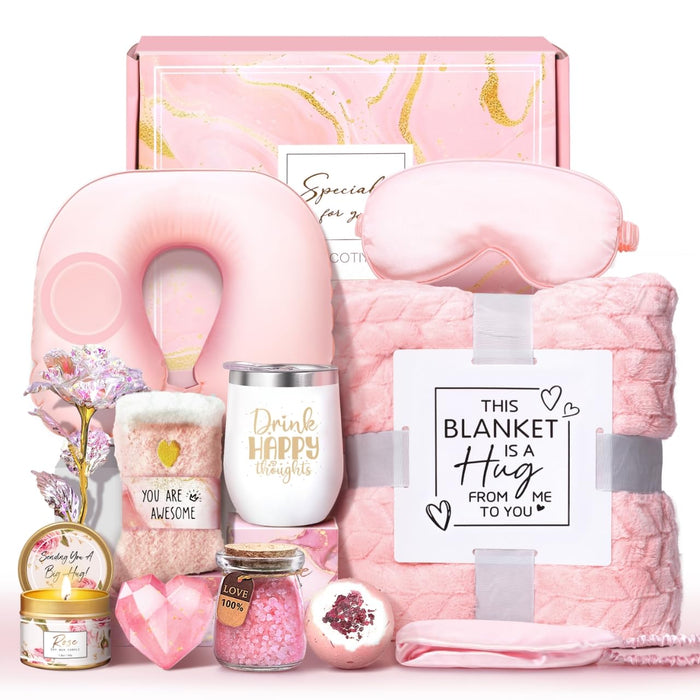 Birthday Gifts for Women Self Care Gifts Get Well Soon Gifts for Women,Relaxing Spa Gifts Basket w/Flannel Blanket Traveling Pillow Care Package christmas Birthday Gifts Idea for Mom Her Wife Friends