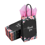 DjinnGlory 50 Pack Small Black & Floral Thank You Paper Bags Spring Gift Bags with Handles 9 x5.5 x3.15 Inches and 24 Pink Tissue Paper for Mother's Day Wedding Baby Shower Birthday Parties