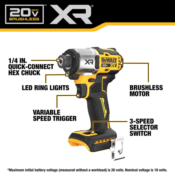 DEWALT 20V MAX XR Impact Driver, Brushless, 1/4", 3-Speed, Bare Tool Only (DCF845B)