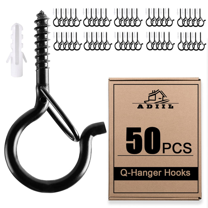 ADIIL 50 PCS Q Hanger Hooks with Safety Buckle, Windproof Screw Hooks for Hanging Outdoor String Lights, Plants, Christmas Patio Lights, 2.2 Inches, Black