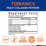 Terranics Multi Collagen Peptides Protein Powder, Type I II III V X, for Men Women, Bovine Marine Chicken Eggshell, No Sugar, Keto, Skin & Joint Support, Unflavored, 8oz