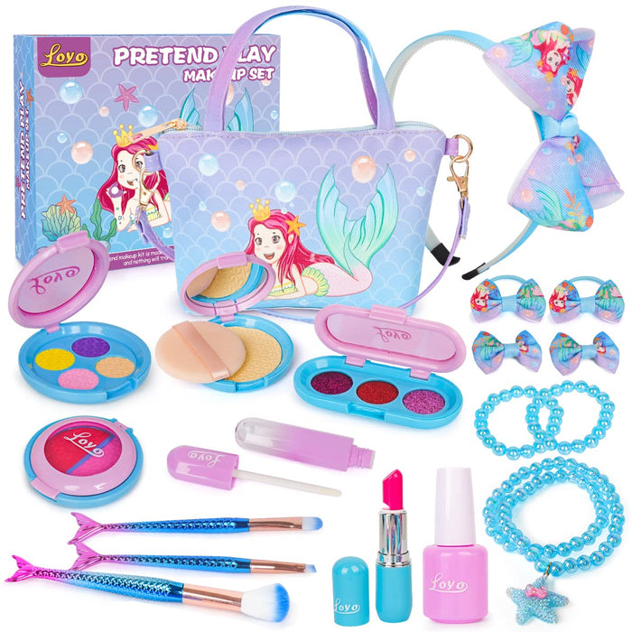 Loyo Pretend Makeup for Toddlers - Pretend Play Makeup for Little Girls with Mermaid Purse, Fake Makeup Toys Set for Toddler Girls Age 3 4 5 6 Christmas Birthday Gift