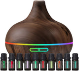 Ultimate Aromatherapy Diffuser & Essential Oil Set - Ultrasonic Diffuser & Top 10 Essential Oils - 300ml Diffuser with 4 Timer & 7 Ambient Light Settings - Therapeutic Grade Essential Oils Dark Oak