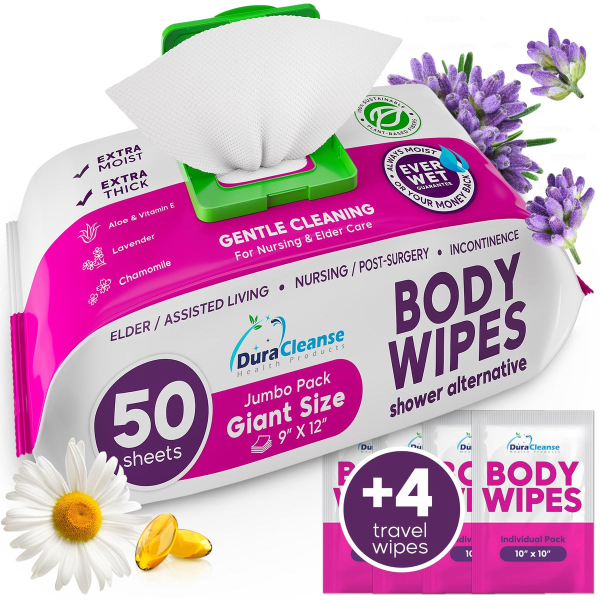 XL Bath Wipes for Adults Bathing No Rinse - 50 Count + 4 Travel Wipes