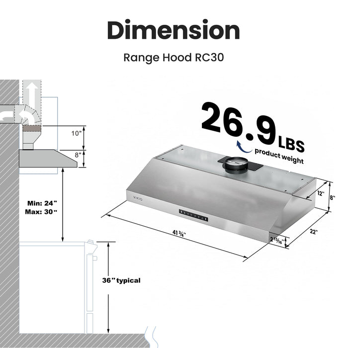 VIKIO HOME 42 Inch Under Cabinet Range Hood with 1200CFM, Range Hood,Stainless Steel Vent Hood with 3 Speed,1.5 Sones Quiet Dual Turbine Motor,Safe Baffle Filters for Kitchen Stove