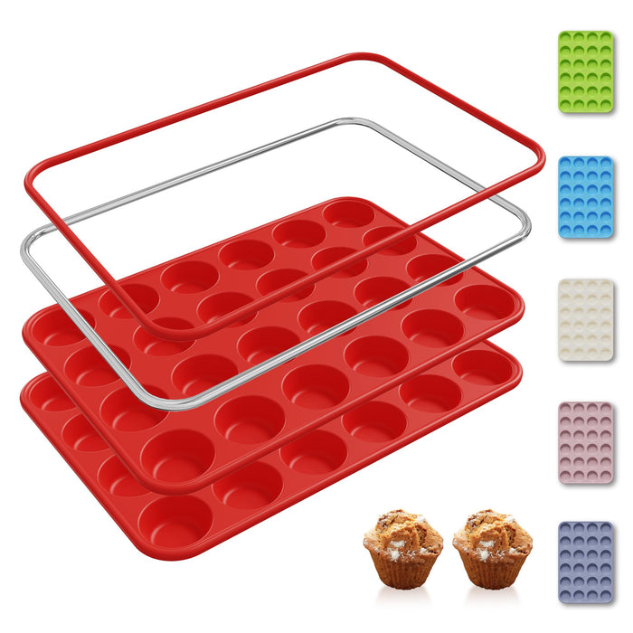2 Pack 24 Cups Silicone Mini Muffin Pan with Metal Reinforced Frame Silicone Molds Cupcake Cake Baking Cheesecake Pans Cookie Baking Chocoflan Cupcake Mold Mini Bundt Cake Pan Women Gift
