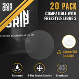 Skin Grip CGM Patches for Freestyle Libre 3 (20-Pack), Waterproof & Sweatproof for 10-14 Days, Pre-Cut Adhesive Tape, Continuous Glucose Monitor Protection (Clear)
