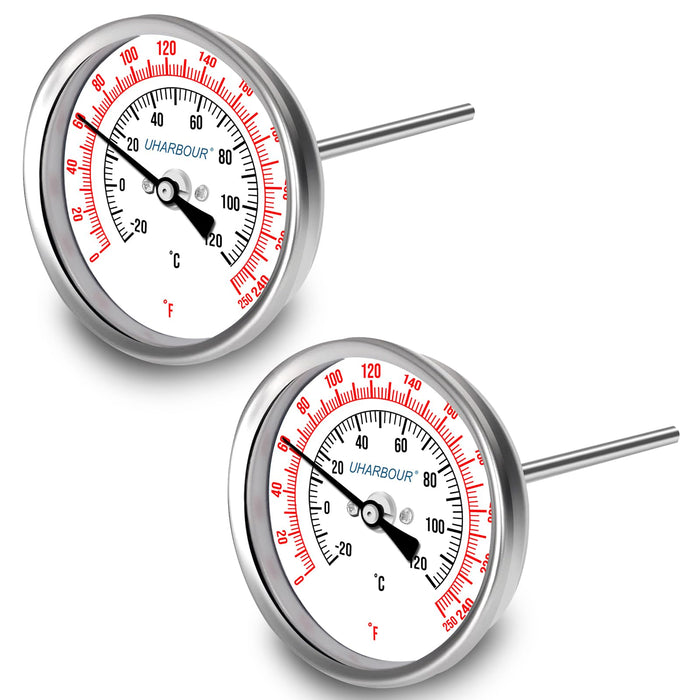 Uharbour 3" Dial Fully Stainless Steel Thermometer for Pot, Kettle, Brewing Bimetal, 4" Stainless Steel Stem, 0-250 deg F/-20-120 deg C, Accuracy +/-1%, Adjustable, 1/2" NPT Back Mount(2 Pcs)