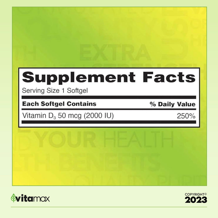 Kirkland Signature Extra Strength D3 50 mcg, 600 Softgels + Exclusive VitaMax Vitamin Guide - 2 Items