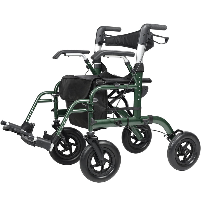 ELENKER All-Terrain 2 in 1 Rollator Walker & Transport Chair, Folding Wheelchair with All 10” Wheels for Seniors, Reversible Backrest & Detachable Footrests (Green)