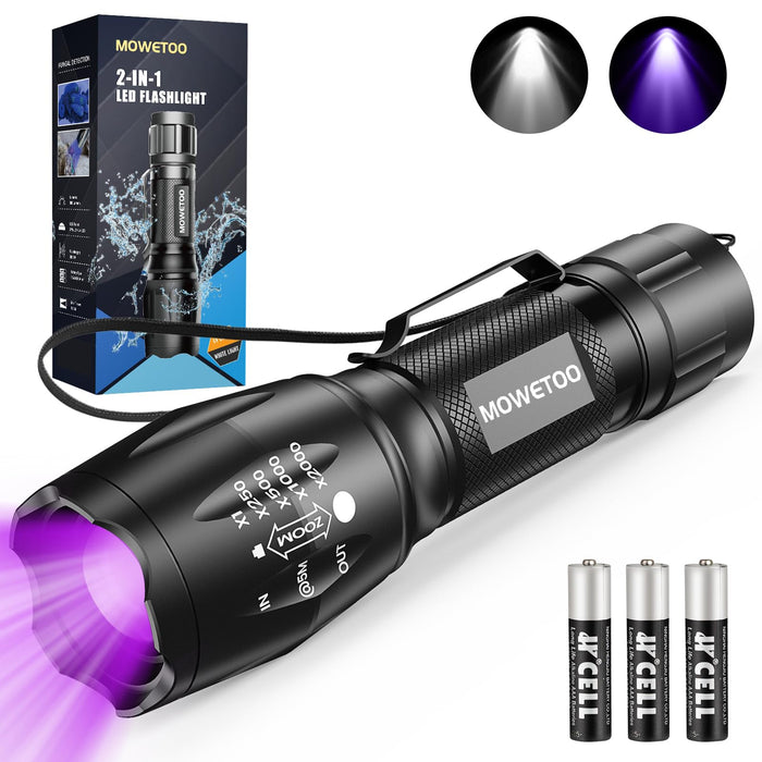 MOWETOO UV Flashlight, 2 in 1 395 nm LED Flashlight with UV Black Light & White Light, 500LM, 4 Modes & Waterproof Pet Urine Detector (1 Pack)