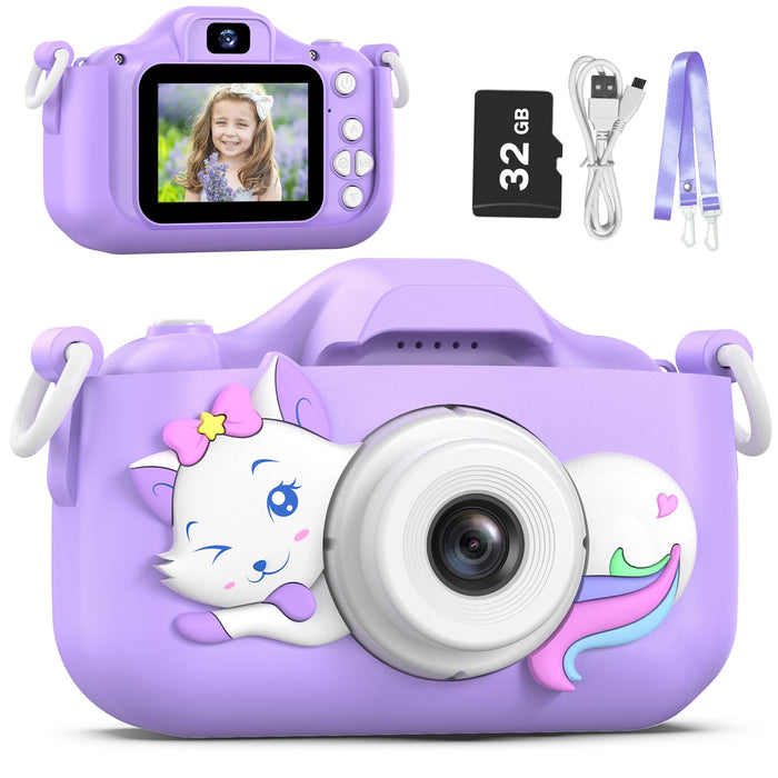 Goopow Kids Selfie Camera Toys for Girls Age 3-9, Digital Video Camera Toy with Protective Cover,Christmas Birthday Festival Gifts for 3-9 Year Old Girls Boys- 32GB SD Card Included (DC-H21-PURPLE)