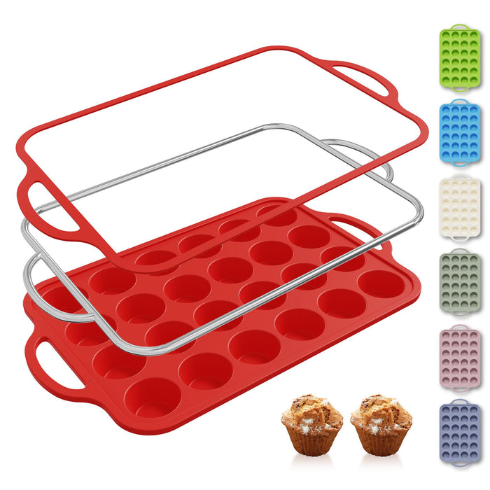 24 Cups Silicone Muffin Pan with Metal Reinforced Frame Mini Size Cupcake Pan Tray Egg Bites Silicone Circle Cookie Molds Muffin Tin Tart Pans Baking Sheet Set for Breakfast Sandwiches Round