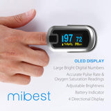 mibest OLED Finger Pulse Oximeter, O2 Meter, Dual Color White/Silver