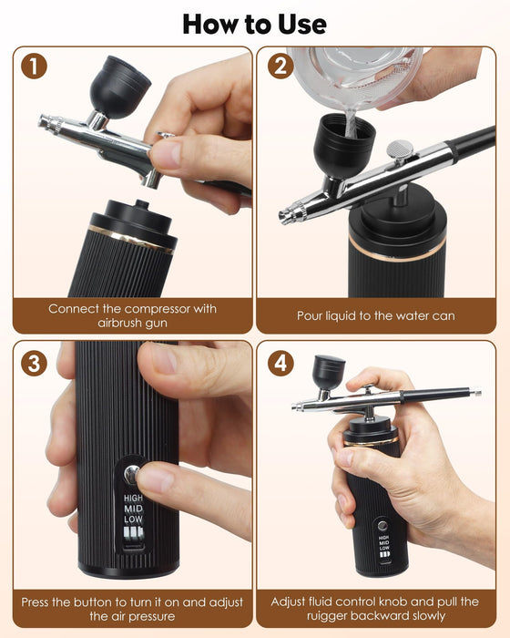 Airbrush Kit Rechargeable Cordless Airbrush Compressor - Airbrush Set Portable Wireless Air Brush for Nail Art, Barber, Cake Decor, Makeup, Model Painting(Black)
