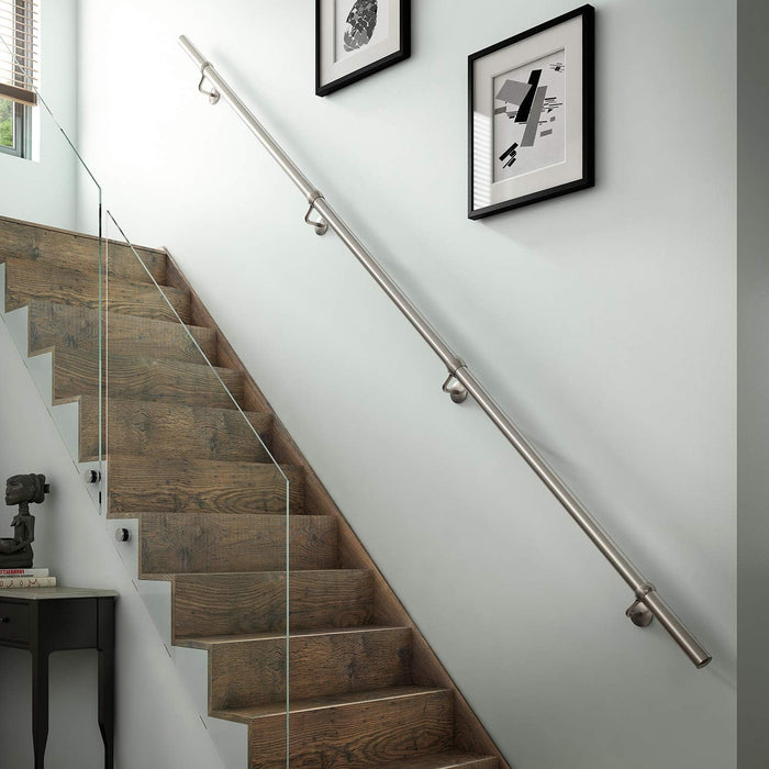 ROTHLEY Metal Stair Railing Handrail: 11.8FT Stainless Steel Hand Railings for Stairs Outdoor Indoor Wall Mount Stair Handrail Complete Kit 1.6" Round Hand Rail for Elderly & Kids (Brushed Finish)