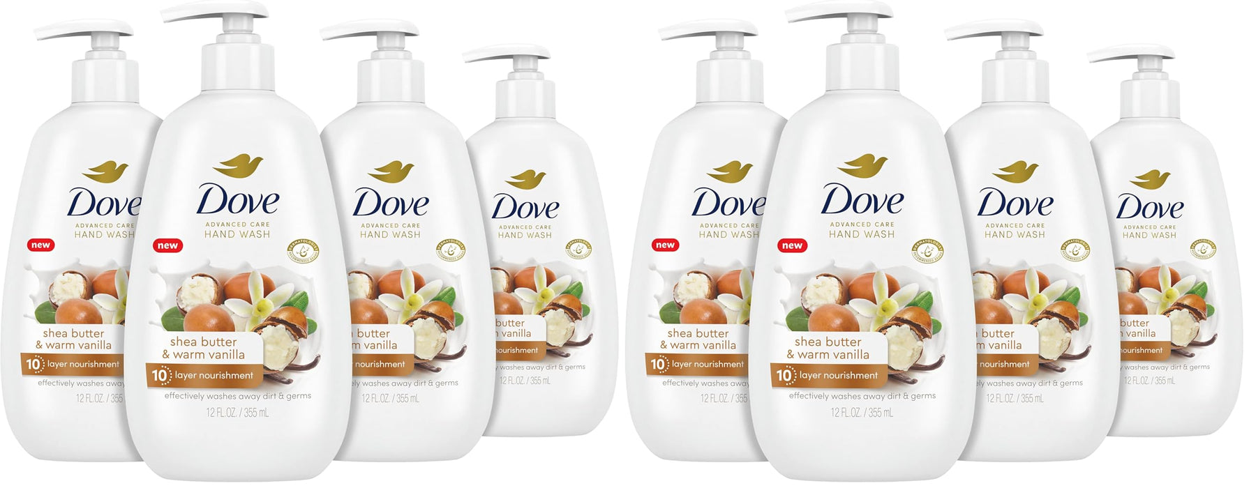 Dove Advanced Care Hand Wash Shea Butter & Warm Vanilla for Soft,Smooth Skin,More Moisturizers than the Leading Ordinary Hand Soap,12 oz,(Pack of 8)