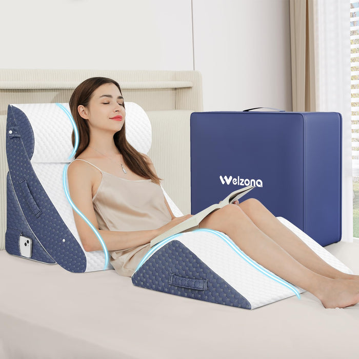 Welzona 4Pcs Orthopedic Bed Wedge Pillow Set for Post Surgery, Gel-Infused Memory Foam Layer Wedge Pillow for Sleep Apnea, Leg, Knee, Back, and Arm Support, Sit up Pillow for Bed