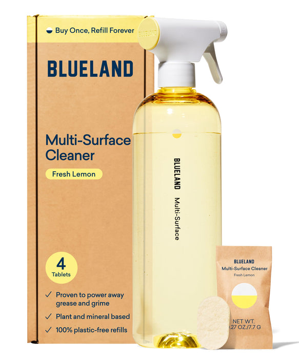 BLUELAND Multi-surface All Purpose Cleaner | Spray Bottle with 4 Refill Tablets | Eco Friendly Products & Cleaning Supplies - Fresh Lemon Scent | Makes 4 x 24 Fl oz Bottles (96 Fl oz total)