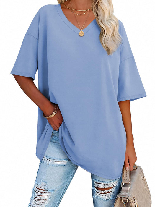 ATHMILE Christmas T Shirts for Women Oversized V Neck Tees Half Sleeve Cozy Comfy Tunic 2024 Y2K Casual Ice Blue