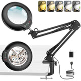 IVMAIE 10X Magnifying Glass with Light and Clamp, LED Desk Lamp with Swing Arm, 5 Color Modes Dimmable Lighted Magnifier with Stand, Hands Free for Painting Crafts Jewelry Sewing Hobby Close Work