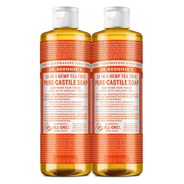 Dr. Bronner's - Pure-Castile Liquid Soap (Tea Tree, 16 ounce, 2-Pack) - Made with Organic Oils, 18-in-1 Uses: Acne-Prone Skin, Dandruff, Laundry, Pets and Dishes, Concentrated, Vegan