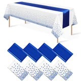 8Pack Disposable Plastic Tablecloths and Satin Table Runner White and Royal Blue Dot Tablecloth Blue Satin Table Runner for Wedding Birthday Baby Shower Anniversary Christmas New Year Party Supplies