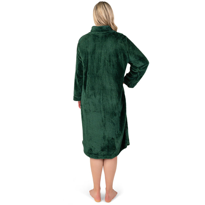 PAVILIA Womens Housecoat Zip Robe, Sherpa Zip Up Front Robe Bathrobe, Fuzzy Warm Zipper House Coat Lounger for Women Ladies Elderly with Pockets, Fluffy Fleece Long - Emerald Green (Large/X-Large)