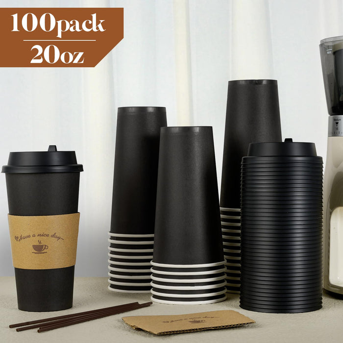 LITOPAK 50 Pack 20 oz Paper Coffee Cups, Drinking Cups for Hot Coffee Chocolate Drinks, Disposable Coffee Cups with Lids, Sleeves. and Stirring Sticks, Black Hot Coffee Cups for Home and Cafes