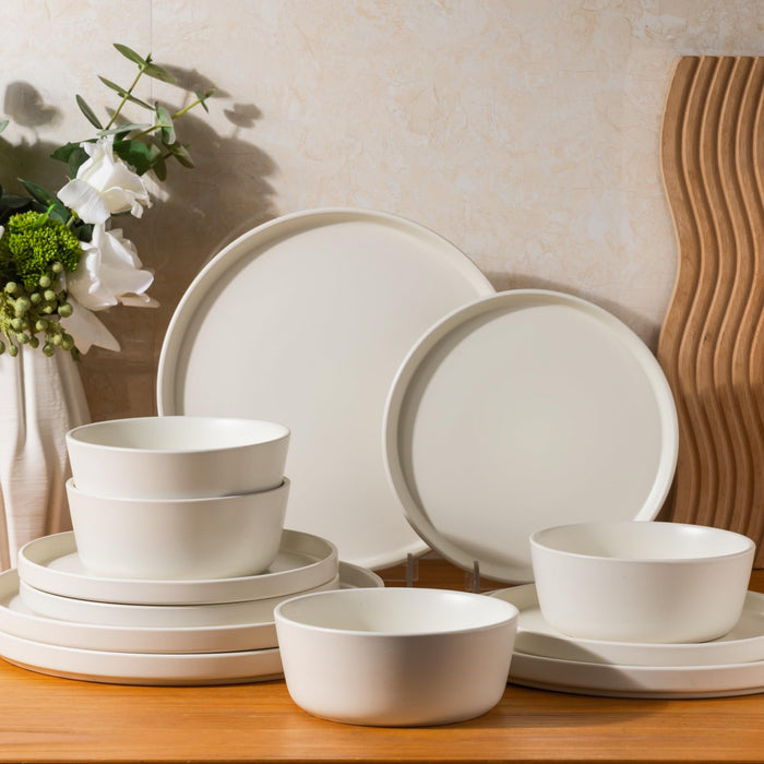 AmorArc Ceramic Dinnerware Sets for 4, Modern Flat Stoneware Plates and Bowls Sets,Chip and Crack Resistant | Dishwasher & Microwave Safe Dishes Set,Scratch Resistant- Service for 4 (12pc)-Matte Cream