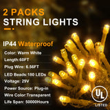 KNONEW 2-Pack Christmas String Lights Indoor Plug in, Total 120FT 360LED Warm White Outdoor Waterproof Fairy Lights,8 Lighting Modes,Timer Memory Function for Bedroom Patio Balcony Party