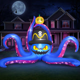 MICOCAH 8 FT Octopus Halloween Inflatables Outdoor Decoration with Pirate Hat Holding Up Pumpkin Halloween Blow Up Decorations Built-in LED Lights Holiday Party Indoor Garden Lawn Yard Decor