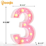 Pooqla Marquee Numbers Lights, light up Numbers Battery Powered, Glitter Lighted Numbers for Birthday Party, Shiny LED Numbers for Christmas Wedding Home Bar Decoration, Pink Number 3