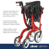 Drive Medical Nitro Dual Function Transport Wheelchair and Rollator Rolling Walker Combo with Hand Activated Brakes and Back Support, Red