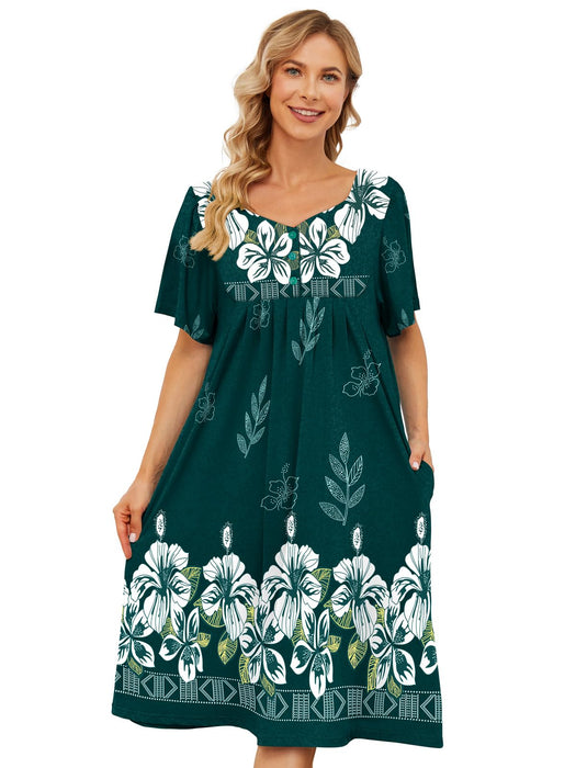 udforsk Moomoo Dresses for Women Moo Moo for Women Nightgrown House Dress with Pockets Floral Print Mumu Nightgown House Dresses for Elderly Dark Green 4XL