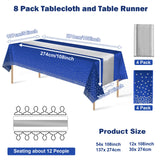 8Pack Disposable Plastic Tablecloths and Satin Table Runner Set Blue and Silver Dot Tablecloth Silver Satin Table Runner for Wedding Birthday Baby Shower Anniversary Christmas New Year Party Supplies